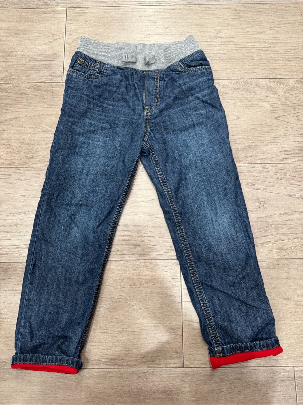 OshKosh B'gosh Dark Blue Denim Pants with Gray Waistband and Red Cuffs